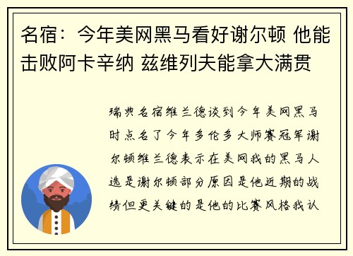 名宿：今年美网黑马看好谢尔顿 他能击败阿卡辛纳 兹维列夫能拿大满贯
